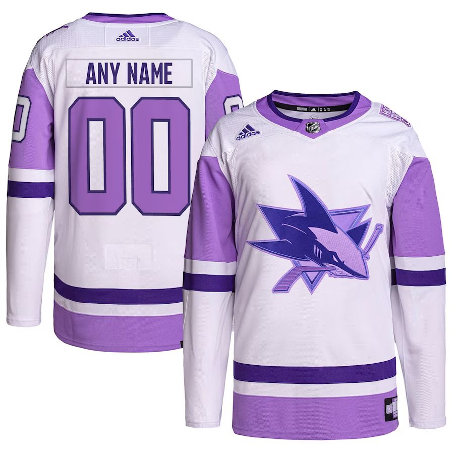 Men San Jose Sharks adidas White Purple Hockey Fights Cancer Primegreen Authentic Custom NHL Jersey